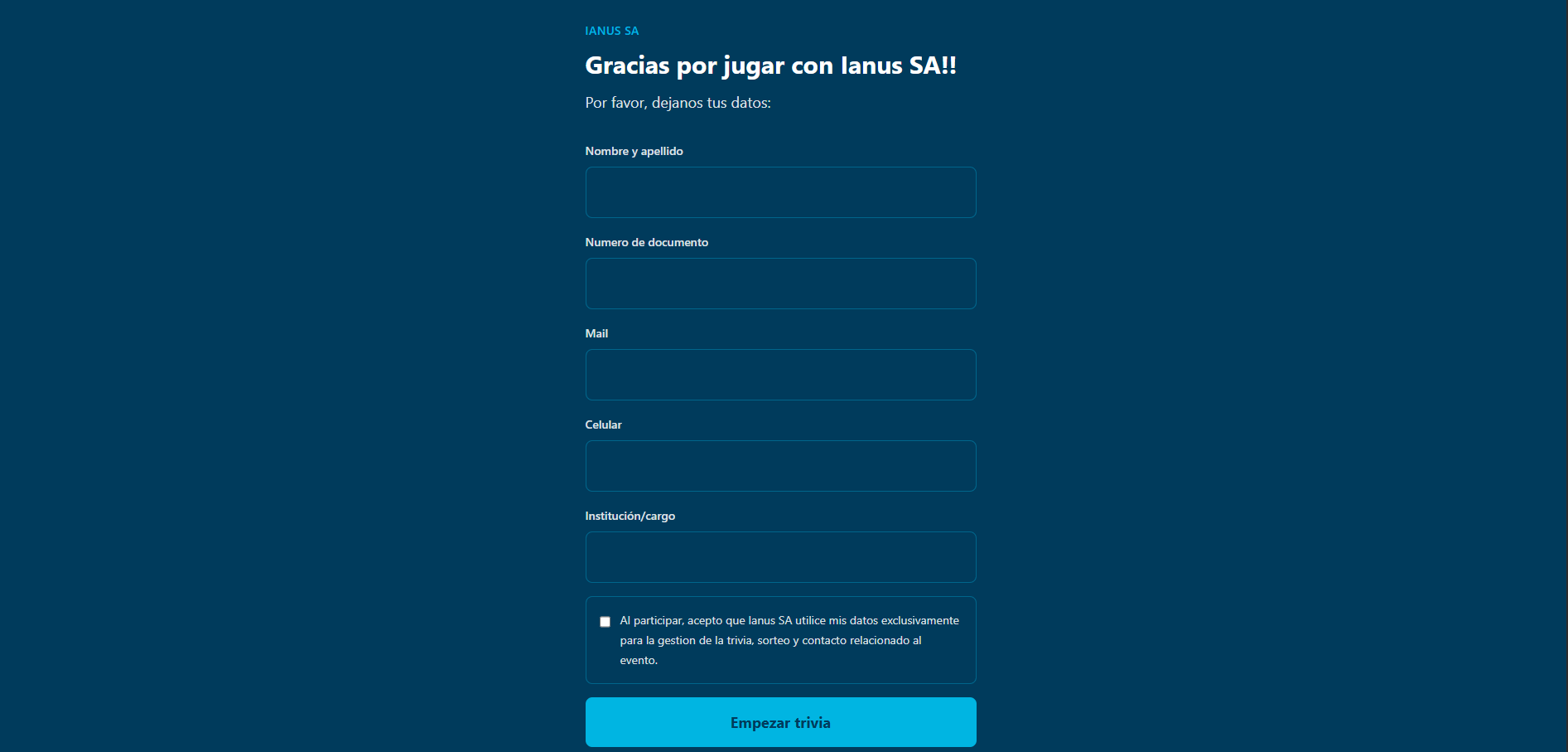 Formulario de registro de participantes para la trivia